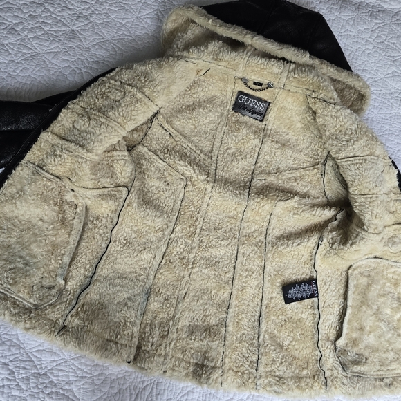 Vintage Guess Two Tone Hooded Faux Suede Leather And Fur Toggle Button Jacket - Picture 8 of 15